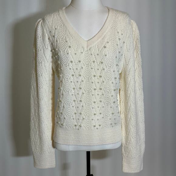 NWT Nanette Lepore Cream Pearl Bead Knit V-Neck Sweater Womens Large L Coquette - Picture 1 of 10
